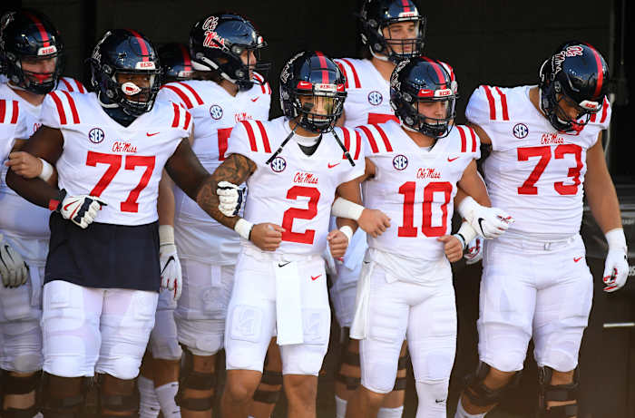 Mississippi Rebels quarterback Matt Corral (2) leads the team onto the field before a game against the Vanderbilt Commodores at Vanderbilt Stadium. Mandatory Credit: Christopher Hanewinckel-USA TODAY Sports